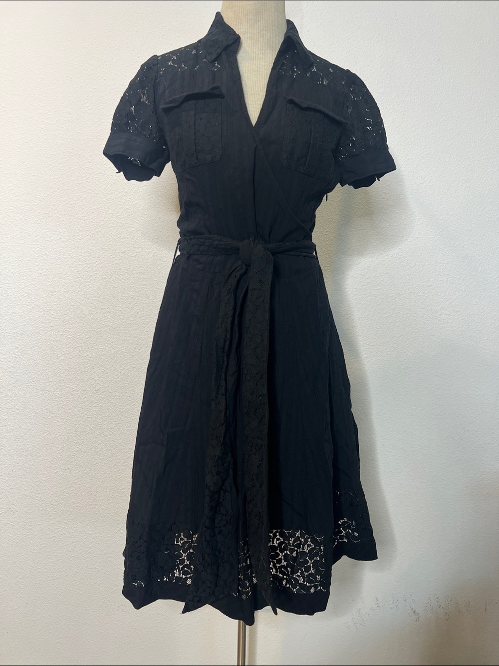 BCBGirls Black Lace-Trim Shirt Dress with Waist Tie